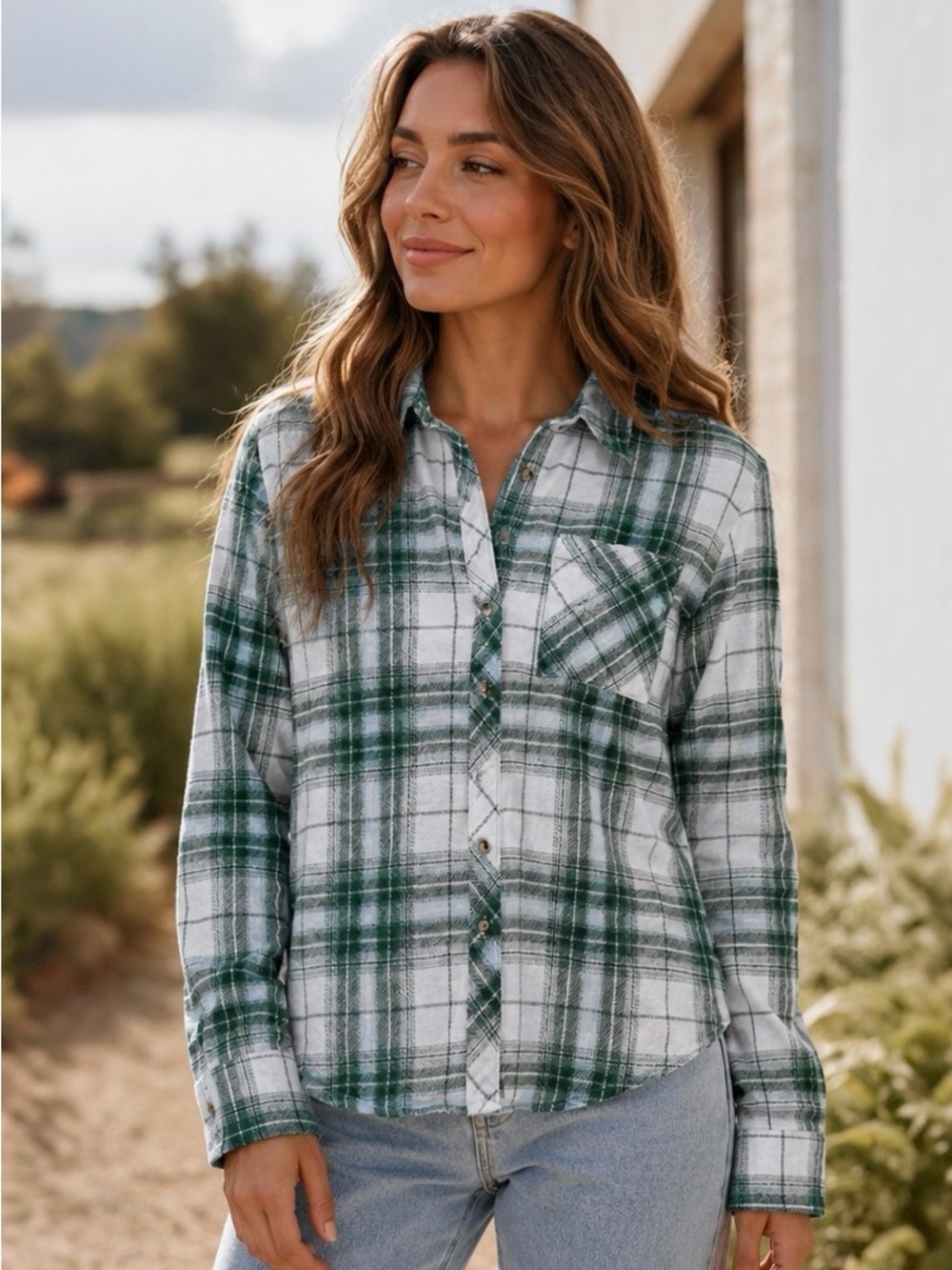 Arizona Jean Co. Woman’s Green & White Plaid Flannel Shirt 100% Cotton | Size S